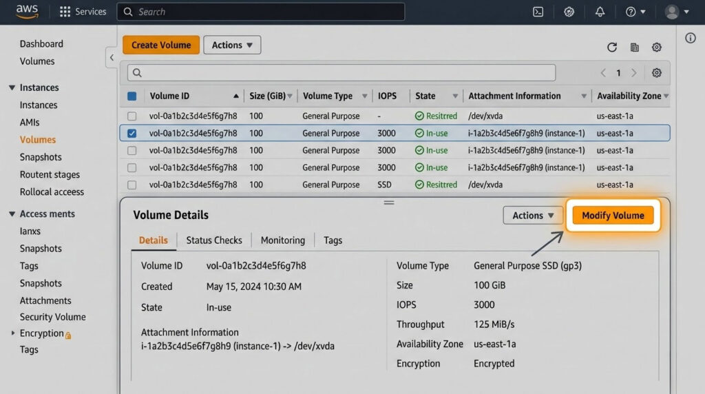 AWS Console showing how to modify EBS volume size for EC2 storage expansion
