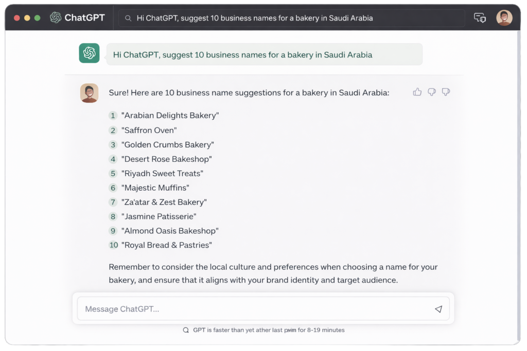ChatGPT prompt to suggest business names for a bakery