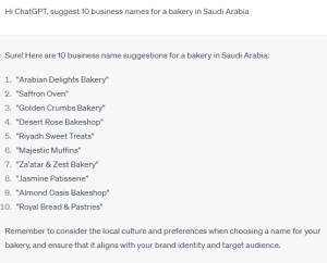 ChatGPT prompt to suggest business names for a bakery