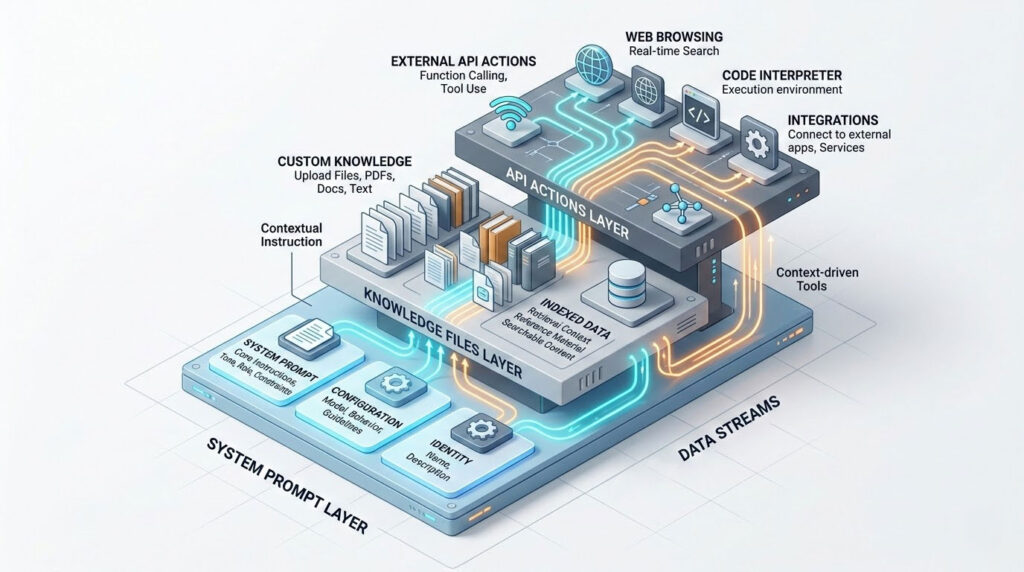 Custom GPT architecture showing instructions, knowledge files, and API actions