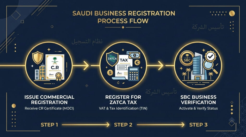 Saudi ecommerce business registration steps — commercial registration, ZATCA, and verification