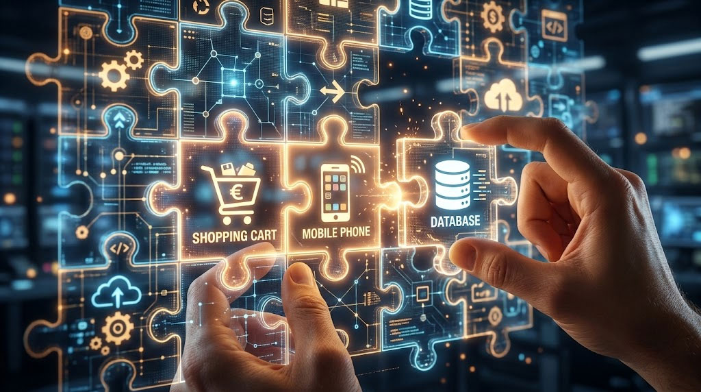 Hands connecting digital puzzle pieces to solve omnichannel implementation challenges.