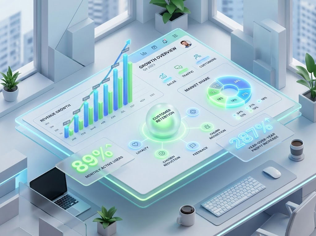 3D data dashboard showing the positive impact of omnichannel retail on customer retention and revenue.