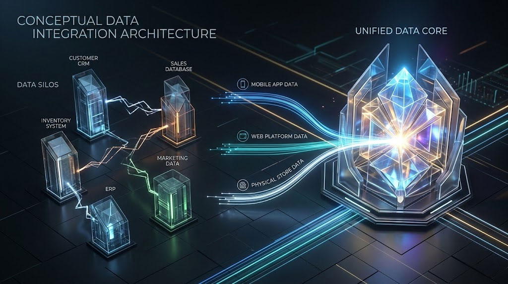 A diagram showing the evolution from fragmented systems to a centralized unified commerce platform.