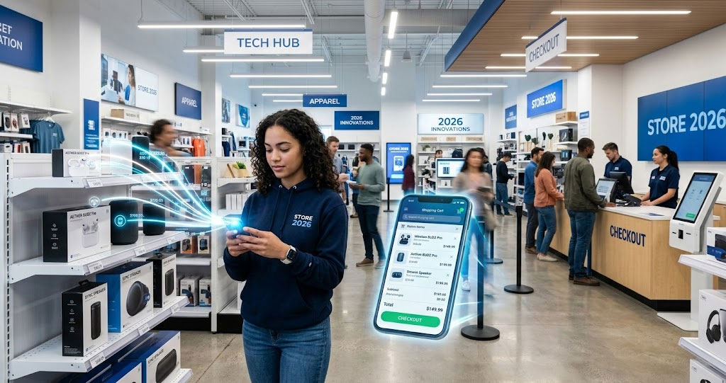 A modern shopper using a smartphone in-store, illustrating a seamless omnichannel customer experience.