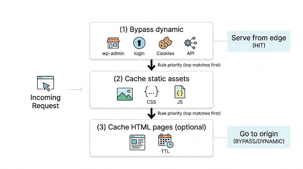Diagram showing Cloudflare Cache Rules order for WordPress: bypass dynamic paths first, then cache assets, then cache HTML