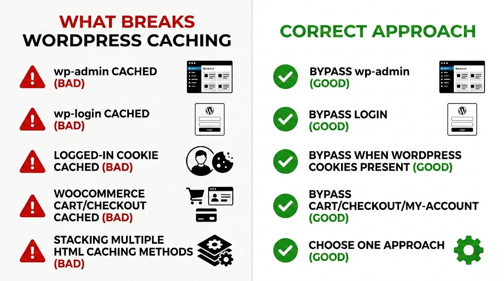 Infographic showing common Cloudflare caching mistakes like caching wp-admin, logged-in pages, and WooCommerce carts