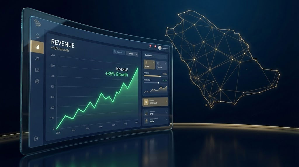 A digital dashboard illustrating data-driven growth through GA4 ecommerce tracking Saudi Arabia.