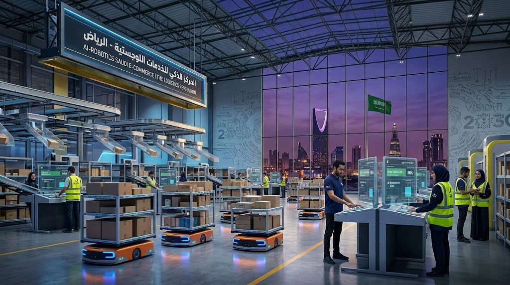 A high-quality, futuristic render of a Saudi fulfillment center