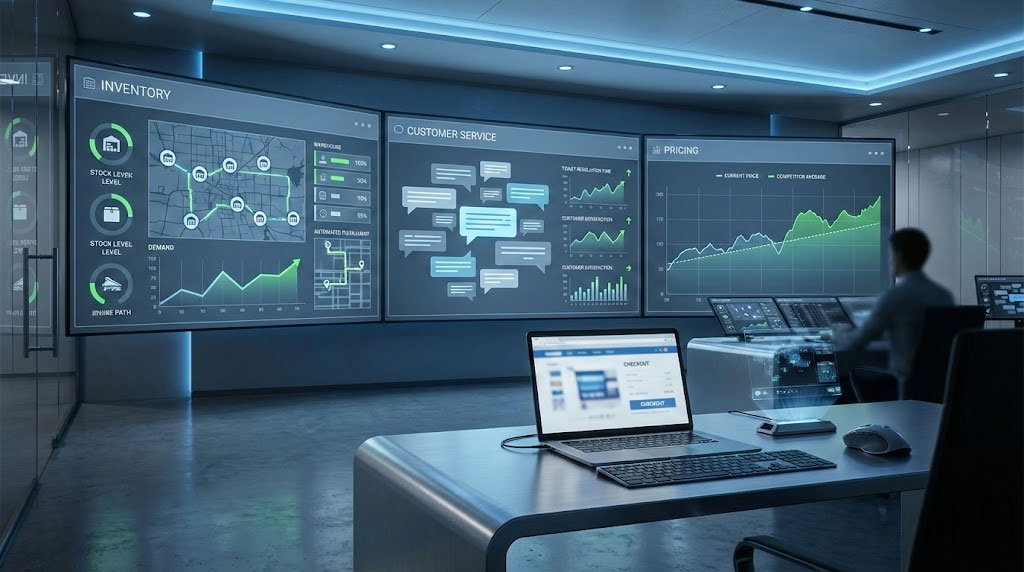 AI agents automating eCommerce inventory, customer support, and pricing in one unified dashboard