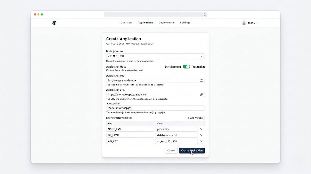 cPanel Node.js application settings example with Node version, app root, URL, and startup file