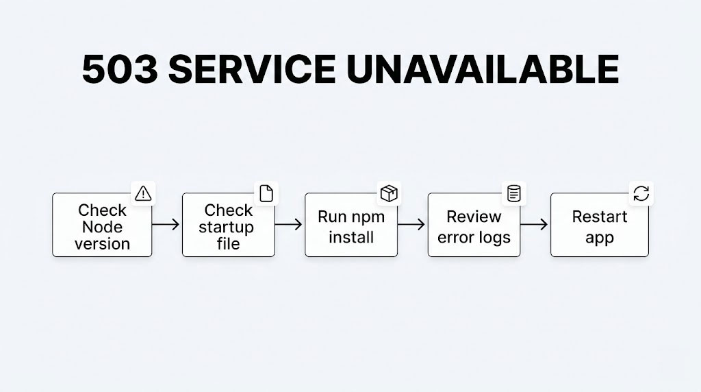 Fix cPanel Node.js error 503 troubleshooting flow with common causes and quick checks