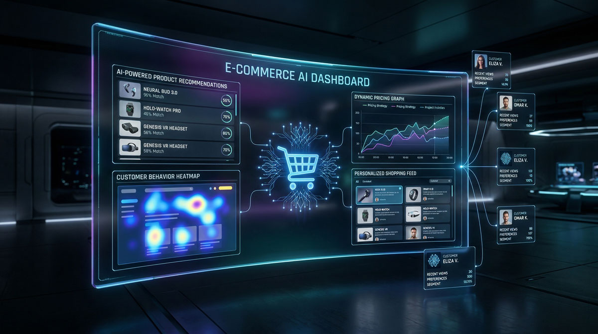AI ecommerce personalization dashboard showing product recommendations and dynamic pricing