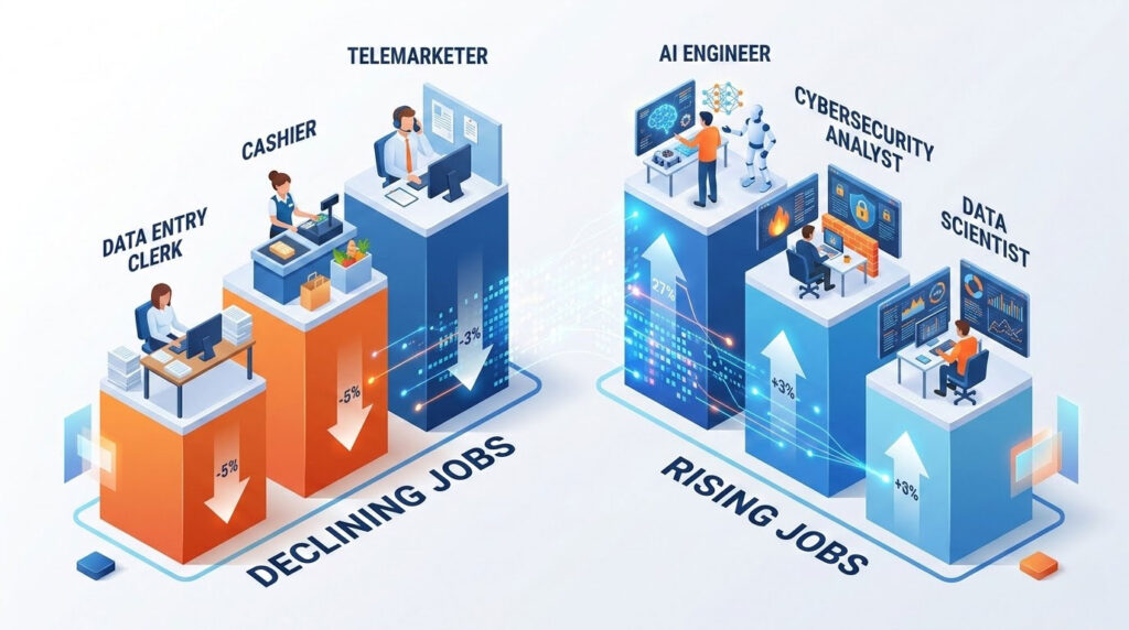 AI job replacement statistics showing declining and growing roles