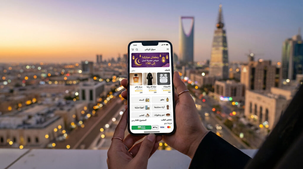 AI personalization Saudi Arabia showing Arabic-language personalized ecommerce app with Riyadh skyline