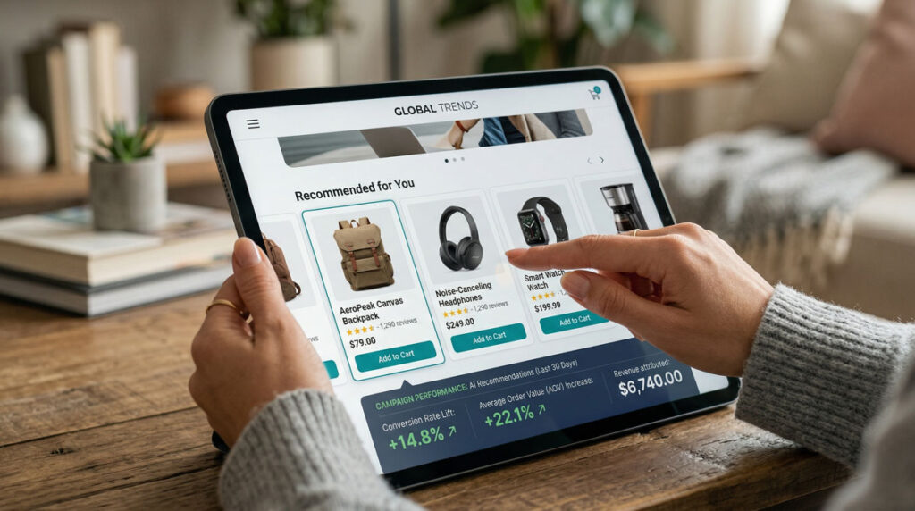 AI personalization Saudi Arabia showing Arabic-language personalized ecommerce app with Riyadh skyline