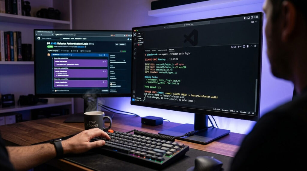 Claude Code AI coding assistant running in terminal with GitHub code review in background
