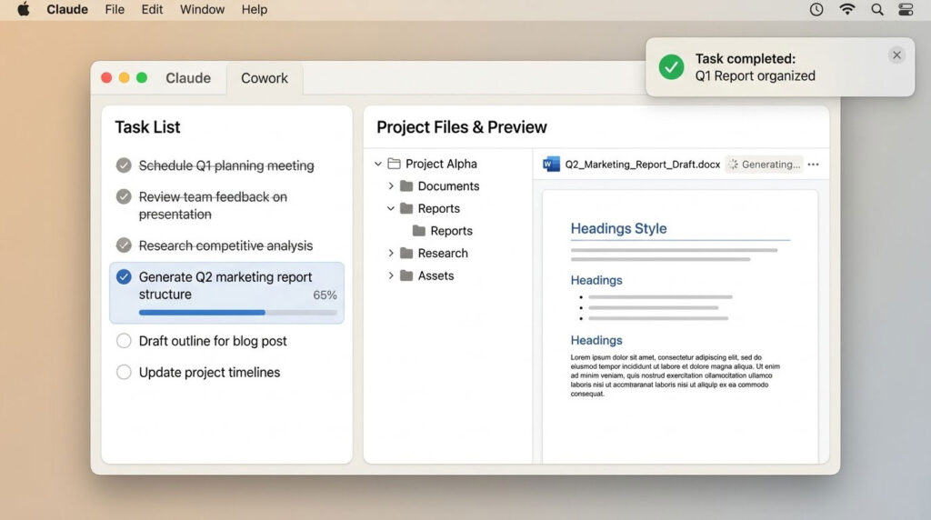 Claude AI Cowork desktop agent interface showing task automation and file organization