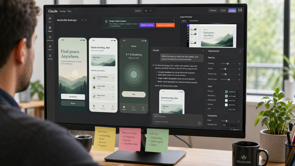 Claude Design interface creating mobile app prototype with adjustment sliders in Claude AI guide