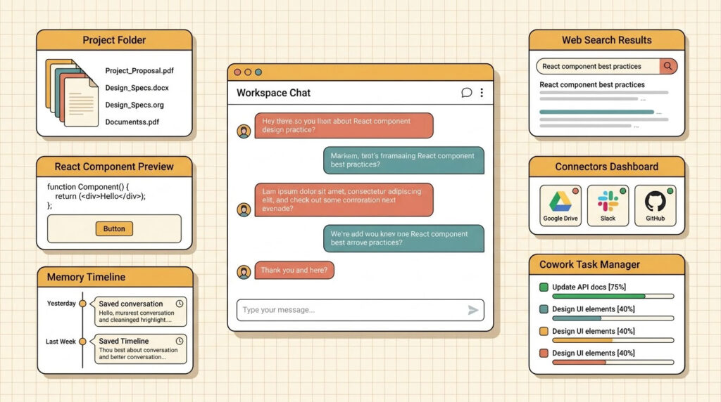 Claude AI features breakdown showing Projects Artifacts Memory connectors and Cowork panels