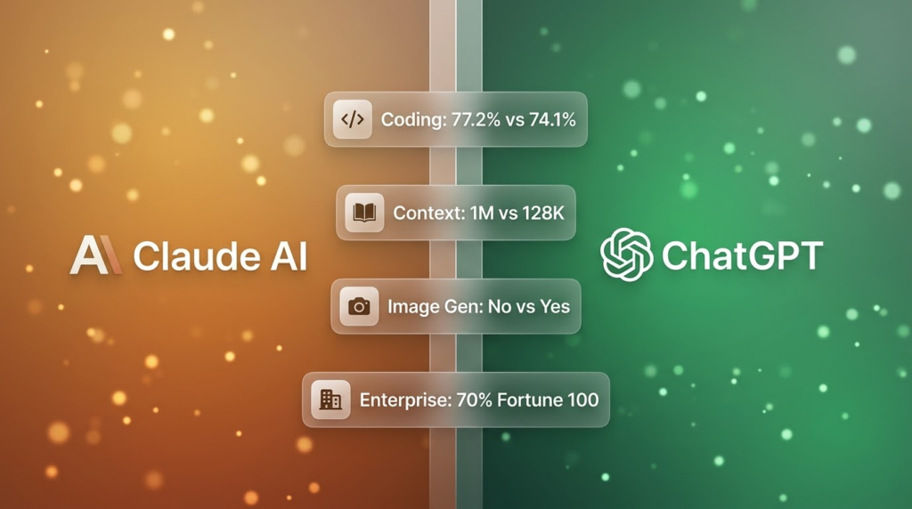 Claude AI vs ChatGPT comparison showing coding benchmarks context window and enterprise adoption