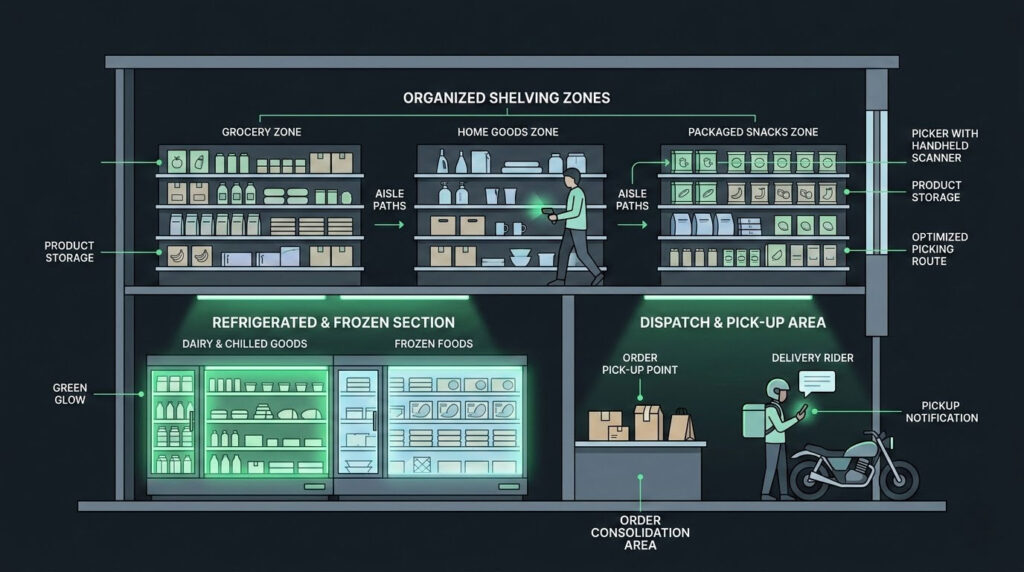 Inside a dark store in Saudi Arabia showing the picking and dispatch workflow