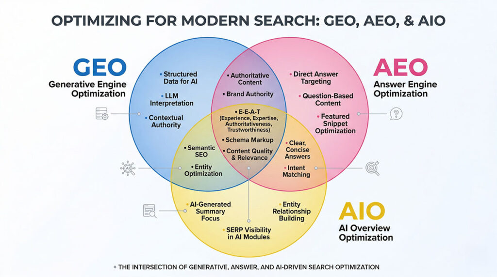 GEO vs AEO vs AIO Venn diagram showing overlapping AI optimization strategies