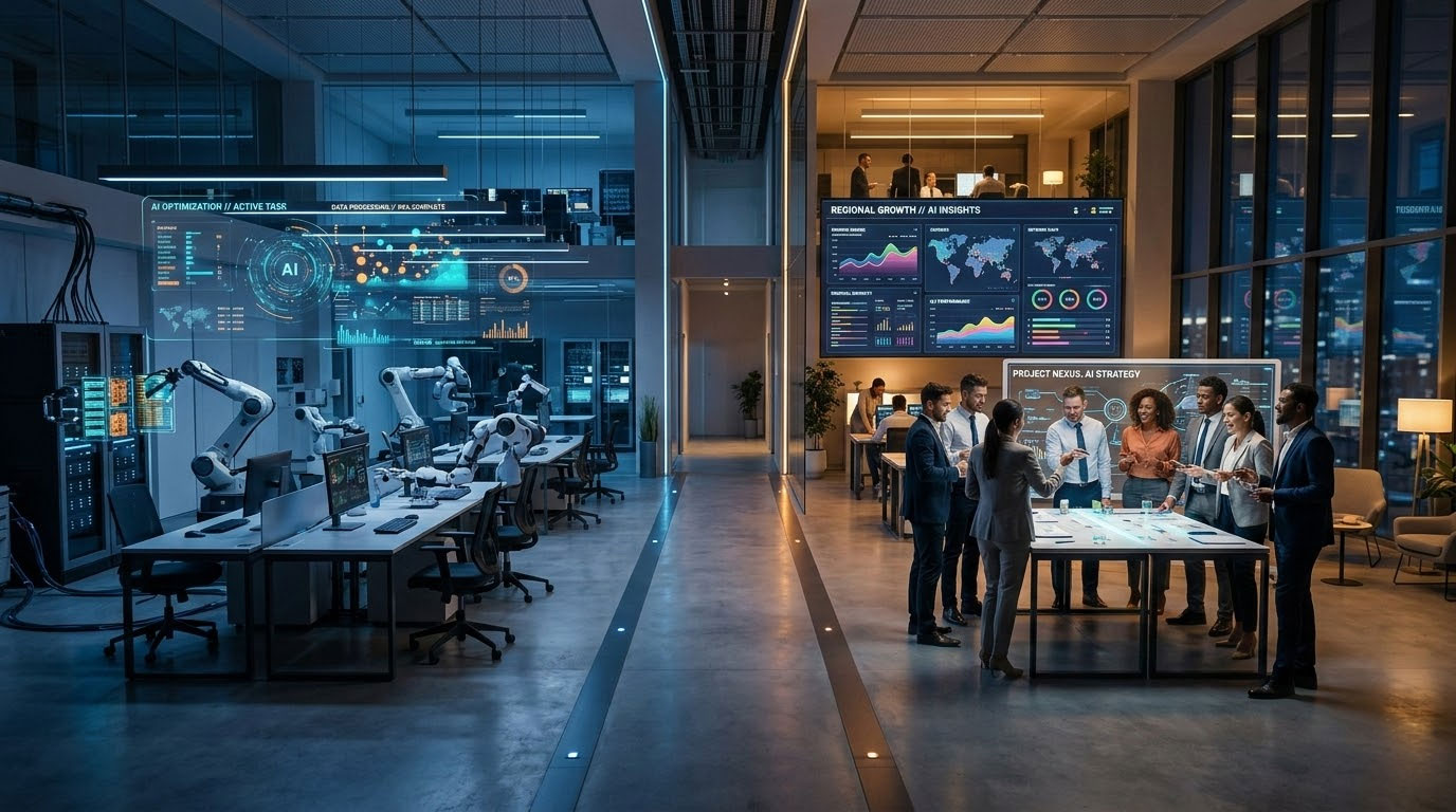 Jobs replaced by AI — modern office showing AI automation alongside human collaboration