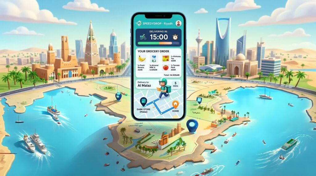 Quick commerce Saudi Arabia app showing 15-minute grocery delivery tracking