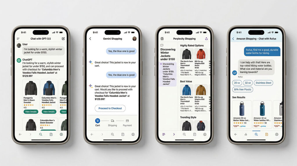 AI shopping agents ecommerce platforms comparison — ChatGPT, Google Gemini, Perplexity, and Amazon Rufus interfaces