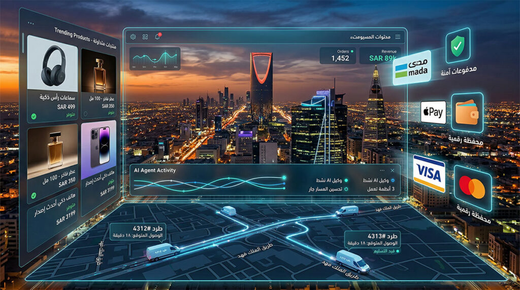 AI shopping agents transforming Saudi Arabia ecommerce — Riyadh skyline with digital commerce overlay