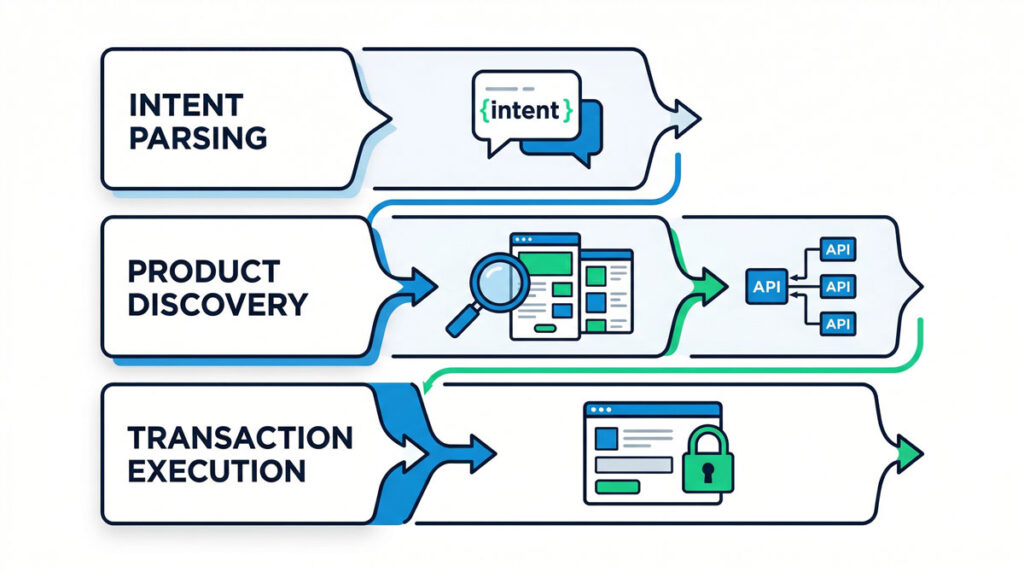 How AI shopping agents work — three-layer process from intent parsing to product discovery to transaction execution