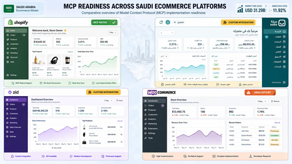 MCP ecommerce readiness comparison across Salla, Zid, Shopify, and WooCommerce for Saudi Arabia stores