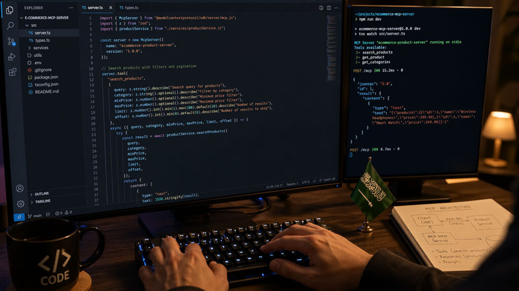Developer building an MCP ecommerce server in TypeScript with JSON-RPC tool definitions