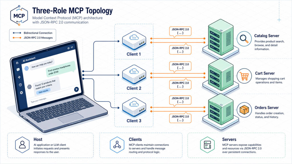 MCP server architecture showing host, client, and server topology with JSON-RPC 2.0 messaging for ecommerce