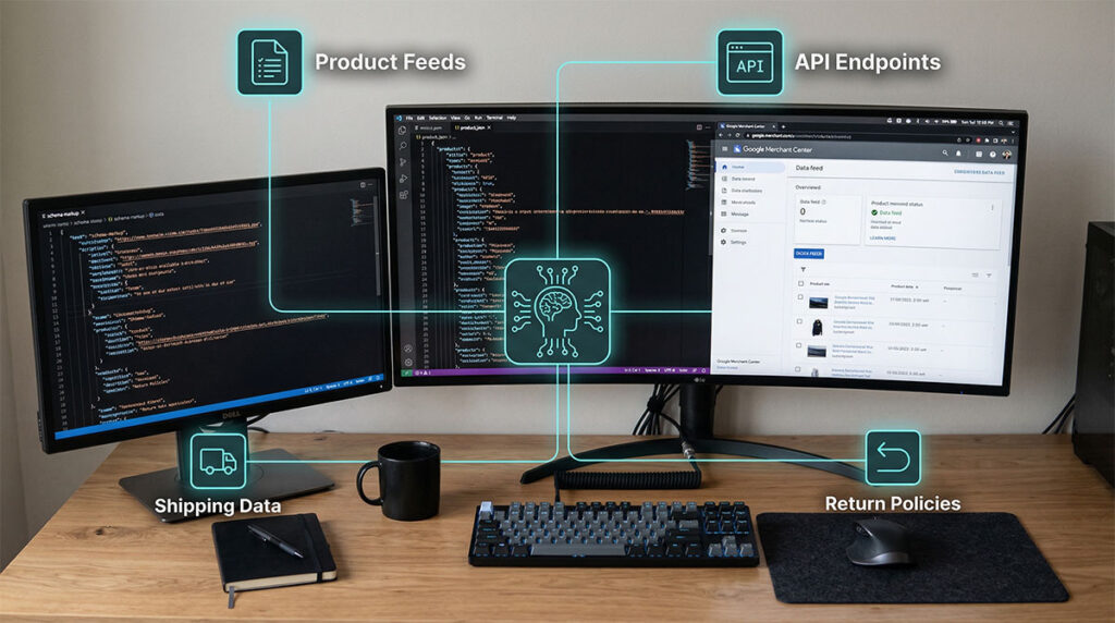 Optimizing ecommerce store for AI shopping agents — structured product data and schema markup on developer workspace