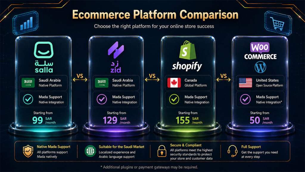 Head-to-head comparison of Salla vs Zid vs Shopify Saudi Arabia vs WooCommerce Saudi Arabia ecommerce platforms