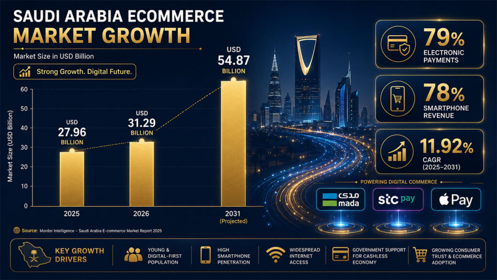 Saudi ecommerce platform market growth chart from USD 31.29 billion in 2026 to USD 54.87 billion by 2031
