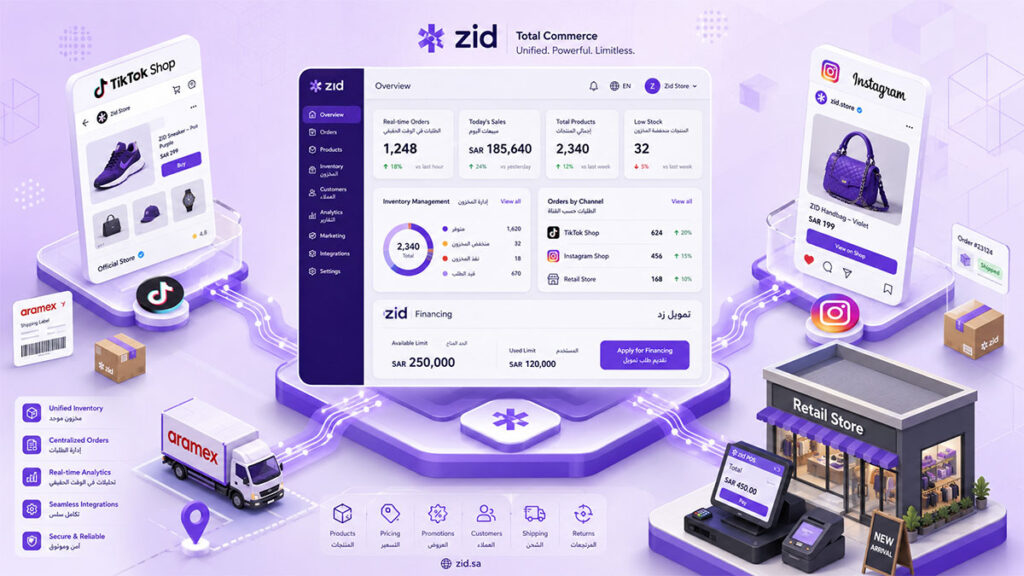 Zid Total Commerce dashboard unifying online, social, and retail for Saudi ecommerce platform merchants