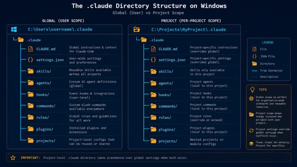 Annotated .claude folder tree for Claude Code on Windows