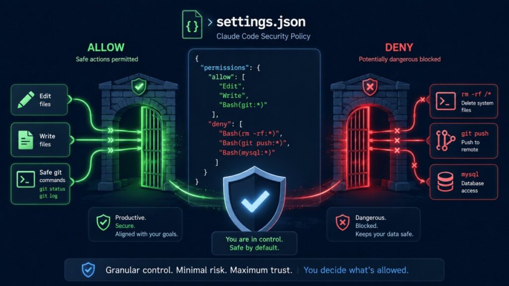 Claude Code permissions settings.json allow and deny lists illustration