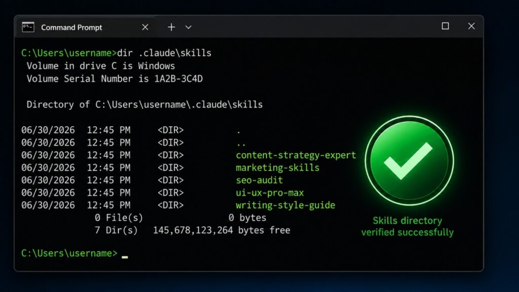 Windows terminal verifying Claude Code skills folder install