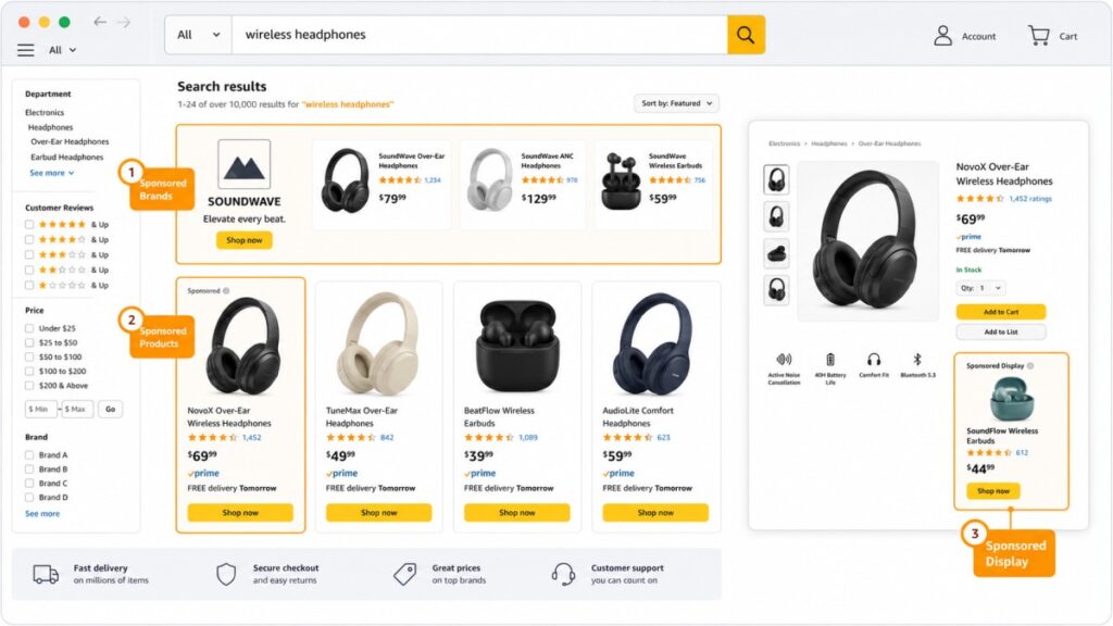 Amazon Ads and retail media formats on a product search page