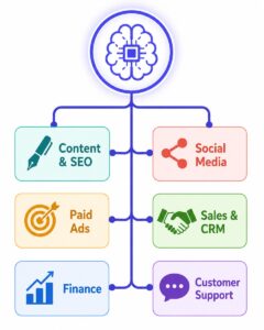 AI agent workforce org chart showing department AI agents for an autonomous AI company