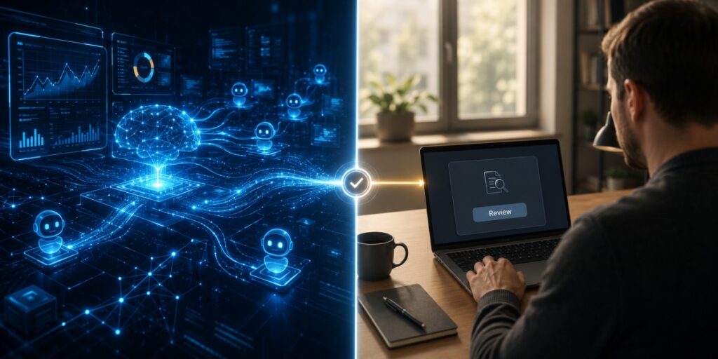 Human-in-the-loop governance checkpoint reviewing AI agents in an autonomous AI company
