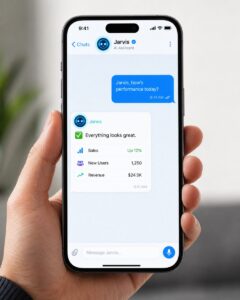 Jarvis AI assistant running an autonomous AI company from a Telegram chat on a phone