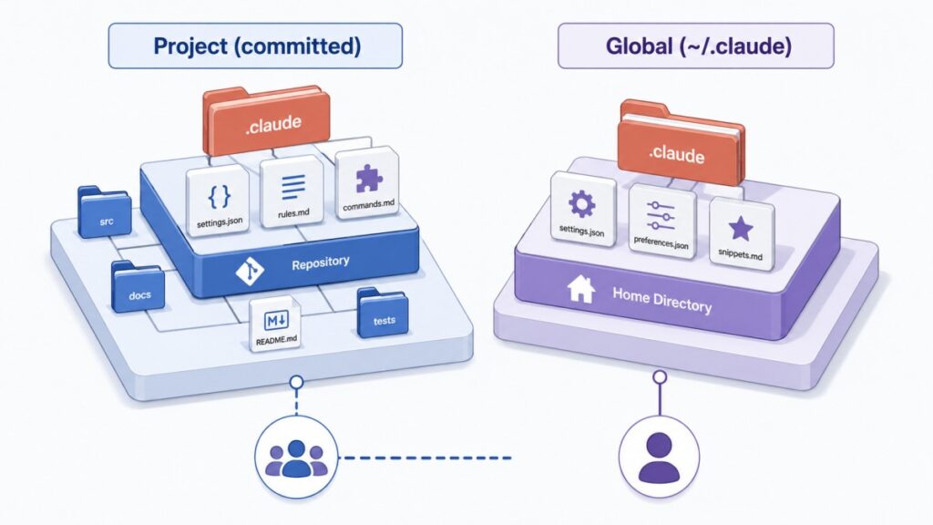 Diagram of the Claude Code project structure showing the committed project .claude folder versus the global ~/.claude directory