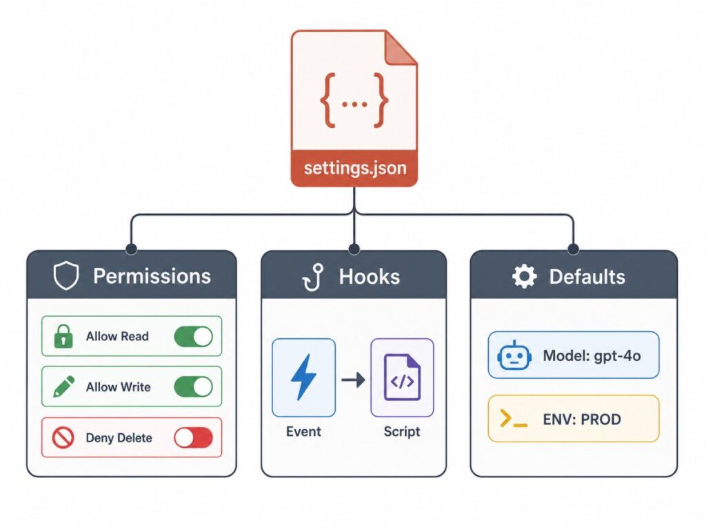 Claude Code settings.json showing permissions, hooks, and default model configuration panels
