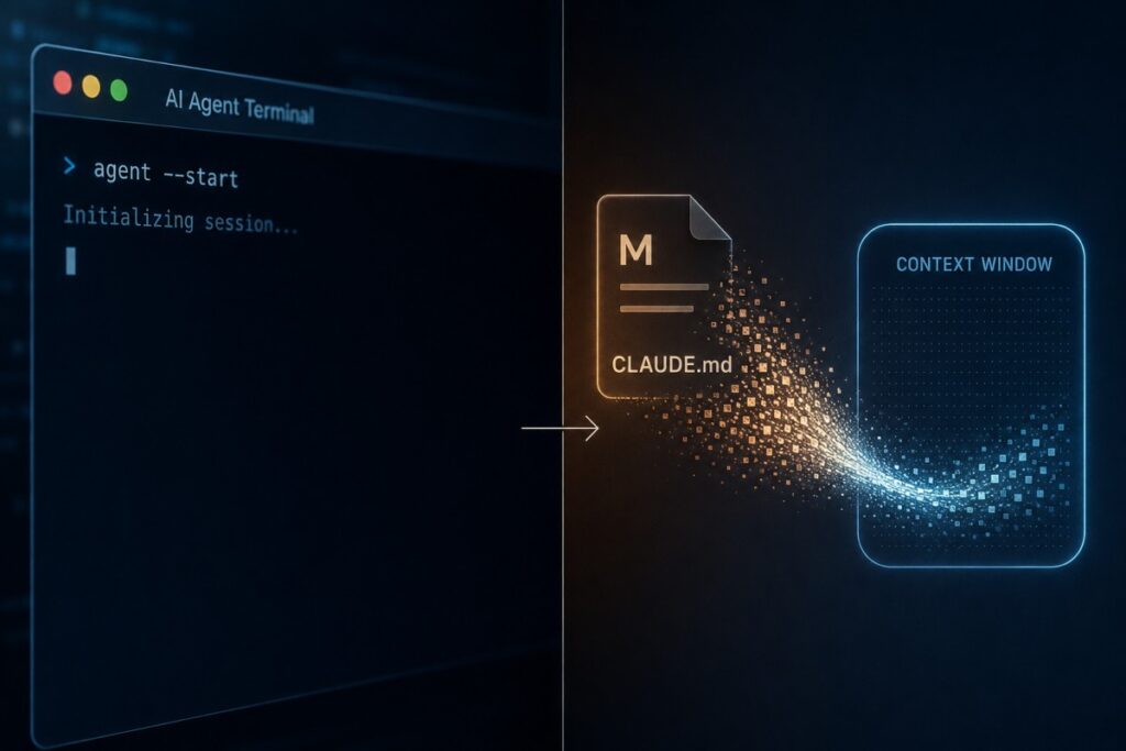 CLAUDE.md file loading into a Claude Code session context window at startup