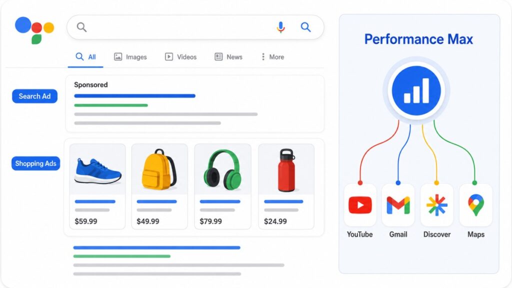Google Ads campaign types shown on a search results page